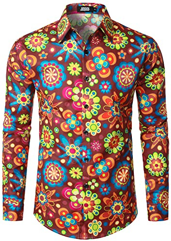 JOGAL Mens 70s Disco Floral Shirt Button Down WineRed Multicolor XX-Large