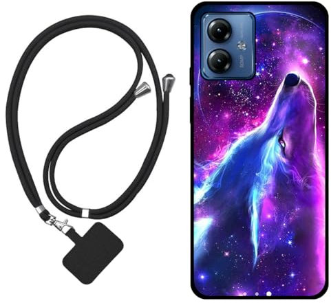Sunrive Hülle Kompatibel mit Motorola Moto g14 Case,matt Handyhülle Schutzhülle Etui Karikatur Muster TPU Backcover (Wolf,Mond,Sterne) +1x Universale Handykette MEHRWEG