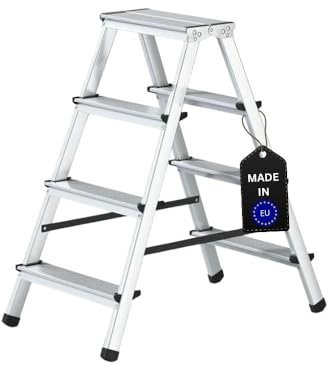 PROREGAL Stufenstehleiter Atlas | beidseitig begehbar | 2x4 Stufen | Arbeitshöhe 2,41m | Traglast 125kg | Alu Leiter Vielzweckleiter Klappleiter Haushaltsleiter Arbeitsleiter Steigleiter
