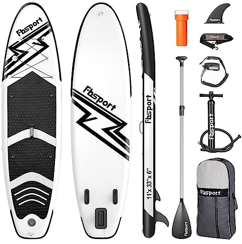 FBSPORT Aufblasbares SUP Board, Stand Up Paddling Board, Aufblasbare Stand Up Paddle Board für Stand-Up Paddling 15CM Dick, Surfbrett Kit mit Verstellbares Aluminium SUP Paddel+Pumpe(Blackwhite)