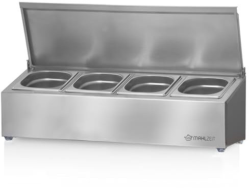 Mahlzeit Edelstahl Zutatenbehälter | 1/6 GN Catering Behälter mit Gummifüßen | Cocktail Zutatenbehälter Bar für Gastro, Küche, Pizza Station, Buffet Zubehör, Salatbar (4 x 1/6 GN Behälter)
