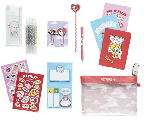Grupo Erik Ketnipz Stationery Set - Kawaii Gifts, Cute Stationary Set | Pencil Case with A6 Notebooks, Highlighters, Sticky Notes, Paper Clips, Stickers, Pen, Pencil | Kawaii Stuff