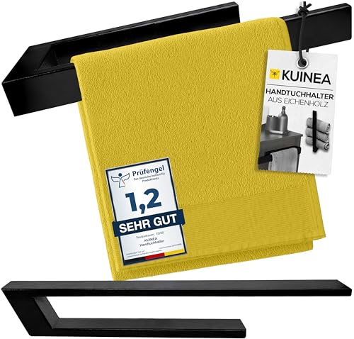 KUINEA® Handtuchhalter ohne Bohren schwarz – Selbstklebend, 100% Eichenholz, 40 cm – Ideal für Badezimmer & Küche, einfache Montage, modernes Design, schwarz 60°