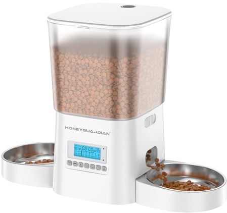 HoneyGuaridan Distributeur Croquettes Chat Automatique Double, 2 Goulottes de Distribution de Nourriture Séparées, Minuterie Programmable, 1-6 Repas par Jour, Scellé pour Garder la Fraîcheur - 3.5L