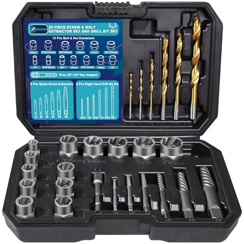 DOAHO 26 Piece Impact Bolt and Spiral Screw Extractor Set with Left Hand Reverse Drill Bit Kit for Easy Out Damaged Stripped Broken Screw Lug Bolt Nut Remove with Hex Adapter
