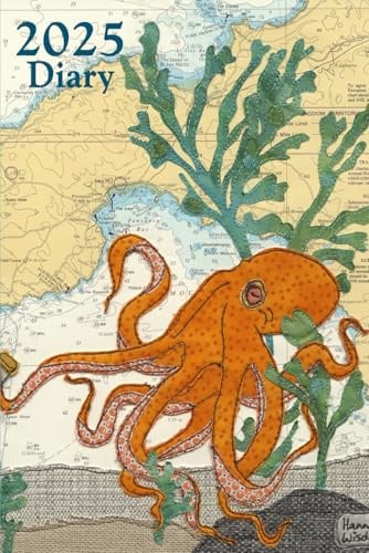 Octopus at Penzance Cornwall 2025 diary weekly planner journal - coastal nautical designs sewn onto old sea charts maps | week to view