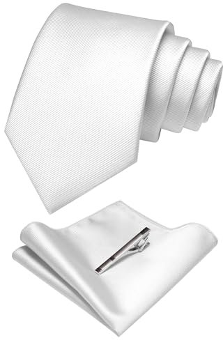 JEMYGINS Seide Krawatte Krawatten und Einstecktuch mit krawattenklammer Set für Herren Seidenkrawatten Hochzeit Schlips Weiß