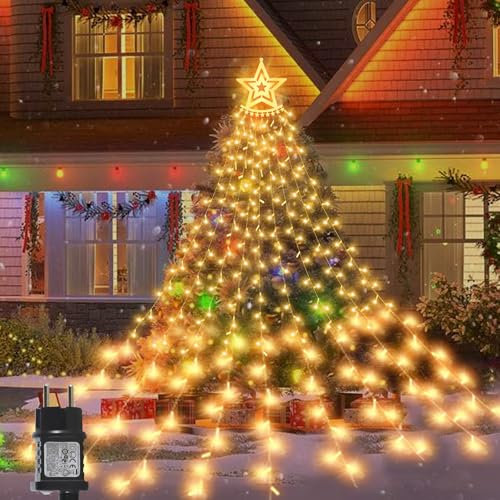 Koytoy Weihnachtsbaum Lichterkette Mit Stern 3.5m x 9 Vorhänge mit Sterne, 350 LED Lichterkette Weihnachtsbaum 8 Modi Christbaumbeleuchtung, weihnachtsbeleuchtung, Weihnachtsbaum, Garten(Warmes Weiß)