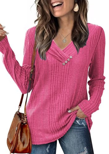 Famulily Long Sleeve V Neck Tunic Tops Women UK Casual Jumpers for Ladies Basic Solid Color Pullover Lightweight Sweaters with Button Sweatshirt Hot Pink L