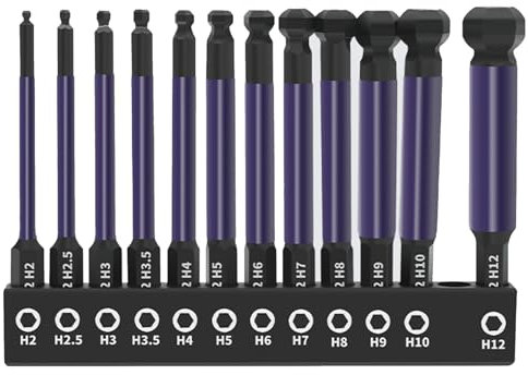 12 Pcs Allen Key Drill Bit Set Ball End Allen Hex Key Set S2 Steel 1/4” Hex Shank Magnetic Allen Wrench Screwdriver Bits 65mm Phosphating Treatment Purple H2-H12 for Assembling Furniture