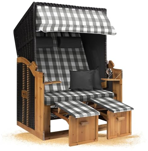 Strandkorb Hanse Strandkorb Ostsee XXL Volllieger Anthrazit - 2-Sitzer 120cm breit, ideal für Garten, Terrasse und Balkon (Grau Weiß Kariert, Zerlegt)