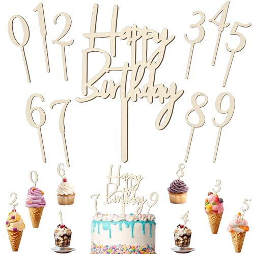 11pcs Cake Topper Zahlen Holz 0-9, Happy Birthday Tortendeko mit Kuchendekor Cupcake Topper Kuchen Deko Cake Topper Geburtstag für Mädchen Junge Frauen Mann Geburtstagsfeiern Hochzeit