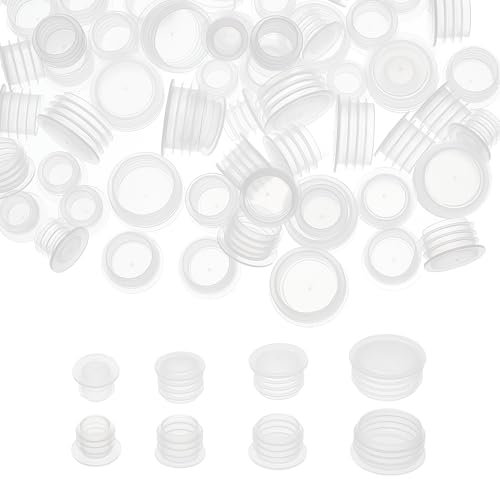 NICENEEDED 80 PCS Salt and Pepper Shaker Stoppers, Plastic Stopper Replacement Plug Bottle Caps, Reusable Clear Round End Cap for Pots Bottles Pipes (2/5 Inch, 1/2 Inch, 3/5 Inch, 3/4 Inch)