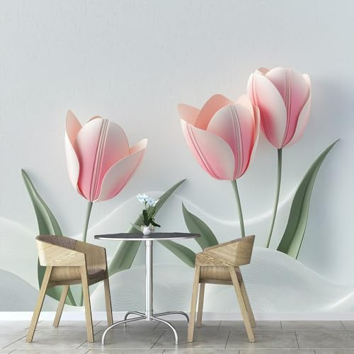 Fototapete Rosa Tulpen Blätter Tapete Fototapete， Pflanzen Blumen Tapete Wandbilder Wohnzimmer Schlafzimmer Kinderzimmer Dekoration Moderne Wanddeko 300×210cm