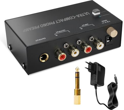Preamplificador Phono, Preamplificador Phono, Preamplificador Phono para Tocadiscos con Adaptador de 12 V CC, con botón de volumen, entrada y salida RCA