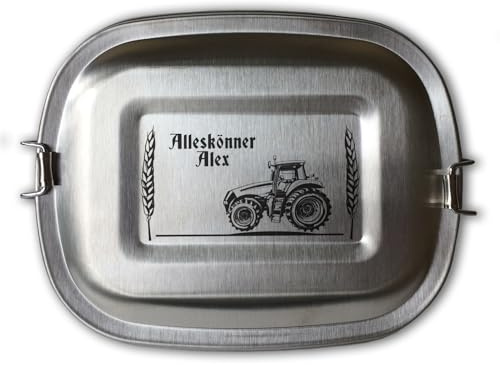 elbedruck Edelstahl Brotdose Lunchbox für Kinder und Erwachsene mit Gravur Traktor Dein Name personalisiert Wunschgravur 3 Größen zur Auswahl auch als Set Bauer Landwirt Trecker (Traktor Modern)