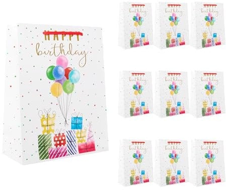 Idena 90249 - Geschenktüten Happy Birthday Geschenke, 10 Stück, Geschenktaschen in der Größe 18 x 23 x 8 cm, weiße Papiertüten mit bunten Geschenken und Ballons
