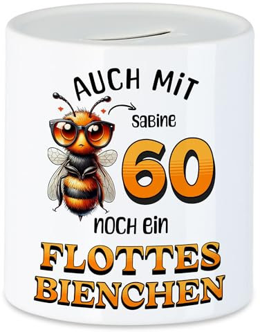 Kiddle-Design Personalisierte Spardose 60. Geburtstag - Flottes Bienchen ist 60-60ter Geburtstag Lustiges Geldgeschenk Frau Frauen - Sparschwein zum Geburtstag