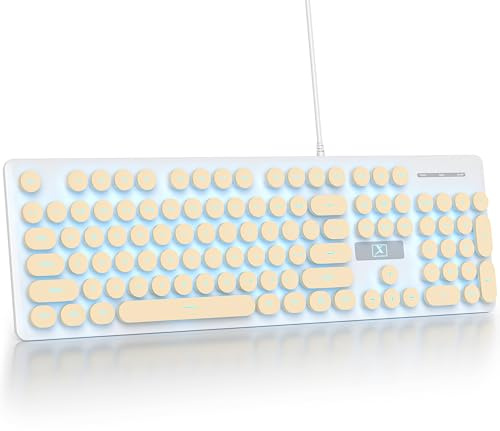 Fogruaden Clavier rétro filaire pour machine à écrire - Clavier silencieux à membrane pleine taille - Clavier d'ordinateur - Beige - 104 touches rondes - Rétroéclairage LED bleu - Fin et silencieux