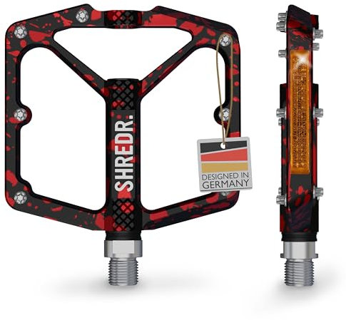 SHREDR. Shine Pedale für MTB | Hochwertige Flatpedals fürs Mountainbike | Mit Reflektoren (StVZO konform) | Special Edition - Jedes Pedal ist EIN Unikat (rot/schwarz, XL)