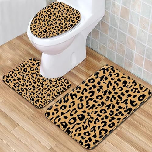 Badezimmerteppich Gelber Leopard Druck WC Vorleger mit Ausschnitt WC Deckelbezug 3 Teiliges WC Teppich rutschfeste Badgarnitur U förmiger Badematte Waschbar Bad Teppiche Set 50x80 cm