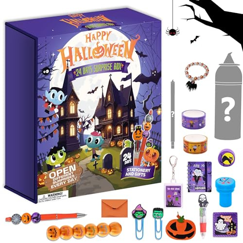 Adventskalender 2025 Halloween-Halloween Advent Calendar enthält 24 Überraschungen,exklusiven löschbaren Stift, wiederverwendbarer Kalender,33 x 39 x 6,7cm, Moderne Fahrradglocke 360° Drehbar