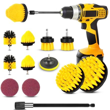 Drill Brush Cleaning Attachment Set – 12 Pack Power Scrubber Brush Kit with Drill Bit & Polishing Pads, Multi-Purpose Cleaning Brushes for Bathroom, Kitchen Tiles, Tub, Sink & Surface Cleaning