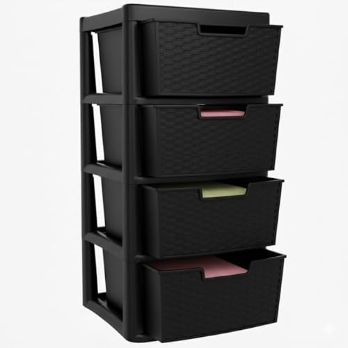 SIDSONS - Large Plastic Rattan Drawer Storage Unit for Home Bedroom Bathroom Kitchen Organiser Stackable Drawers Durable Storage Solution Space Saver and Easy Access Storage - (Rattan Black, 4 Tier)