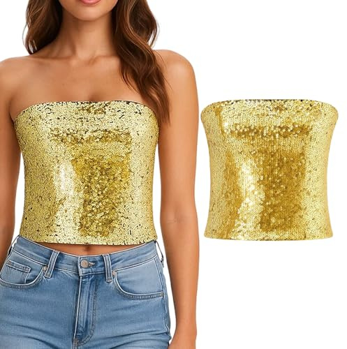 YyiFcg Glitzer Oberteile Damen, Pailletten Oberteil, Glitzer Pailletten Tank Top Trägershirt Damen Tube Top Ärmellos Bandeau Top für Fasching Party