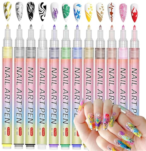 Nail Art Pens, 12 Assorted Colours, 0.7 mm Fine Pointed Tips, 12-Pack | Pen-Style Nail Art Accessories, Draws Narrow Lines, Swirls And Details On Prepared Nails, For Home Manicures And Beginners