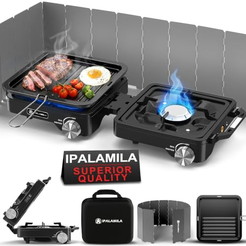 2-Burner Pro Camping Stove,7000W Camping Stove Gas Portable,Foldable Gas Stove,Windscreen Griddle, Portable Stove,Camping Essentials,Suitable For Outdoor Cooking,WinterMoot,Grilling