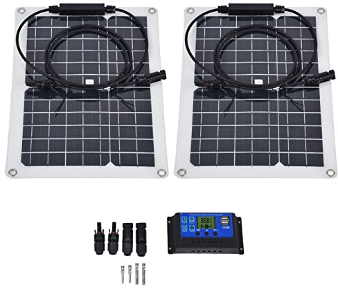 2Pcs 15W Panneau Solaire Panneau Solaire en Silicium Monocristallin Module Photovoltaïque avec Contrôleur 50A pour Voiture Yacht Bateau RV Alimentation Extérieure Léger Durable
