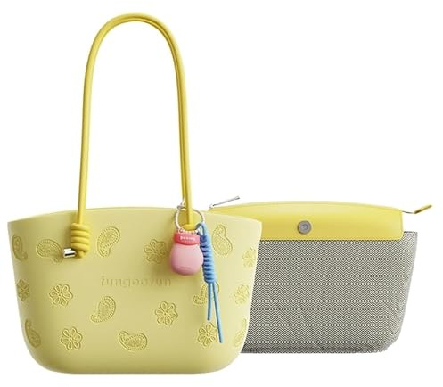 FUNGOOFUN L’Onyx sac a main femme Cabas Structuré en EVA Imperméable, Jaune, Design Texturé Floral et Paisley, avec Pochette Amovible, Taille Moyenne