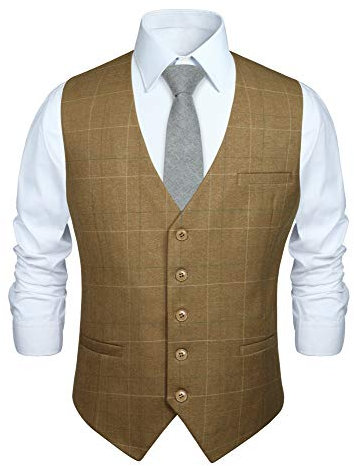 HISDERN Manner Khaki formale Hochzeitsfeier Weste Baumwolle Plaid Khaki Kleid Anzug Weste M