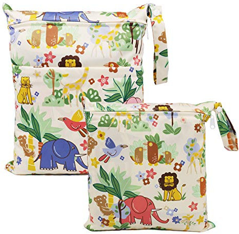 FenFang Wetbag Kindergarten, 2 Stück Nasstaschen Windeltasche Stoffwindeln Nassbeutel Organiser Beutel Wickeltasche Taschen Wasserdicht Wiederverwendbar (Elefant)