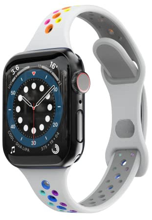 Sportarmband aus Silikon, schmal/dünn, bunt, kompatibel mit Apple Watch 38/40 mm, weich, atmungsaktiv, schmales Armband für iWatch Serie 6/5/4/3/2/1/SE, Regenbogen, 42/44/45 mm