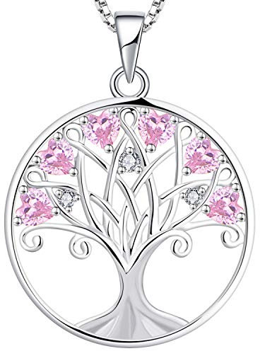 YL Collar Árbol de la Vida para Mujer Plata de Ley 925 Colgante de Árbol Genealógico de Circonita Rosa con Piedra Natal de Octubre, 45 + 3 CM