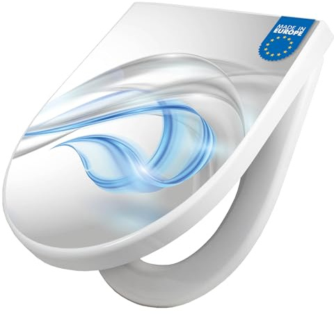 banjado WC Sitz mit Absenkautomatik D Form - Toilettendeckel mit Absenkautomatik D Form - Klodeckel Softclose - stabile Klobrille - Toilettensitz Weiß - Motiv Blauer Schleier
