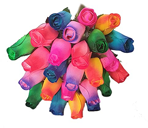 Homestreet Everlasting Blumenstrauß, 2 Dutzend Holzrosen in einer Auswahl von lebendigen Farben, 24 Rosenknospen in Cello-Instant Floral Geschenk (Regenbogen Ombre)