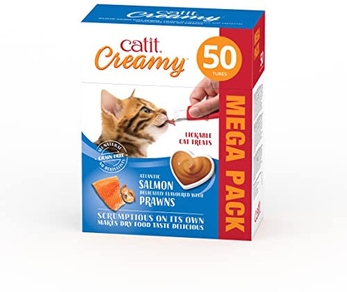 Catit Creamy flüssigkeitsspendende Leckpaste für Katzen mit Lachs und Garnele, 50 x 10g