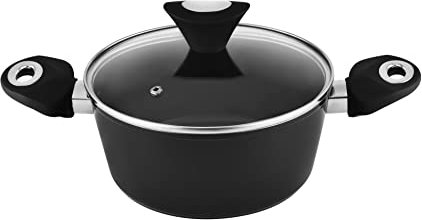 Venga! Kochtopf mit 20 cm Durchmesser, 2,5 l Fassungsvermögen, Antihaftbeschichtung, spülmaschinenfest, Turbo-Induktionsboden, ergonomische Soft-Touch-Griffe, schwarz/silber, VG POT 3000
