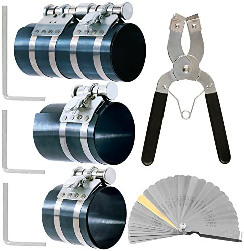 Swpeet 8pcs 3 4 6 compresseur à bague de piston et outil de montage réglable outil de montage pince de démontage avec clé et palpeur en acier inoxydable kit de combinaison de moteur de voiture