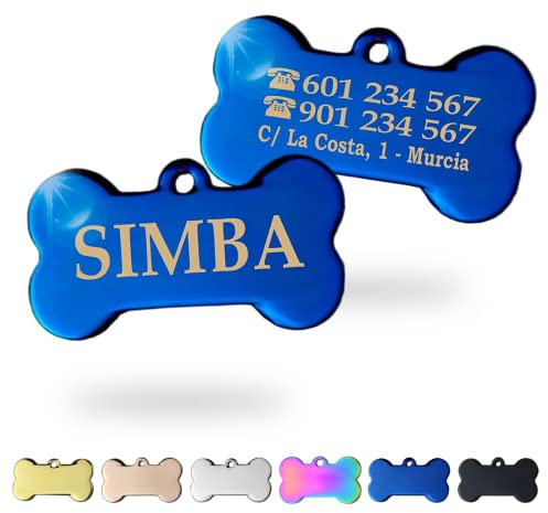 Ibera Gifts - Chapa Perro Grabada en Forma de Hueso | Placa Perro Personalizada para Perros y Gatos Medianos y Grandes | Placa Identificativa en Acero Inoxidable (Azul)