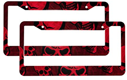 Nummernschild-Rahmen mit roten Totenköpfen, 2 Stück, Aluminium, universal, rundes Loch, Auto-Kennzeichenabdeckungen, Aluminium-Kennzeichenhalter mit Befestigungselementen und Schrauben