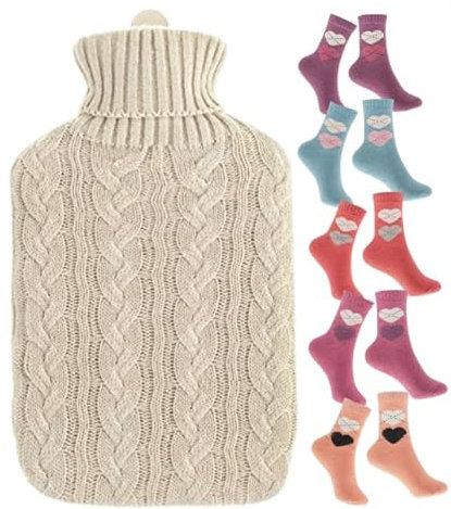 2L Hot Water Bottle with Cover UK & 5 Pairs of Warm Comfy Wool Socks - Natural Rubber 2 Litre Hot Water Bottle Inc x5 Pairs Ladies Winter Socks Size UK 4-7 (Cream Bottle with Cream Cover) (0062)