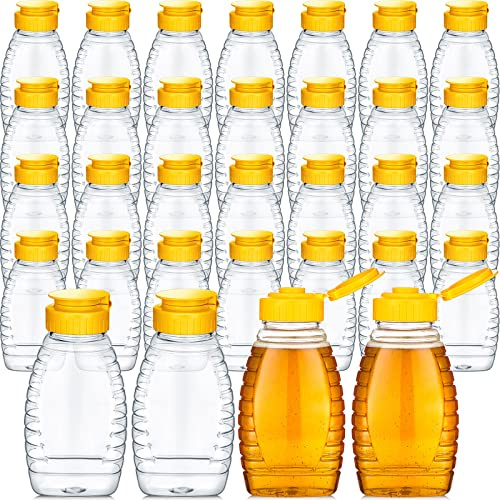 Lot de 32 pots à miel vides en plastique transparent de 250 ml avec bouchons rechargeables, étanches, avec couvercle à rabat pour le stockage de la distribution - Jaune