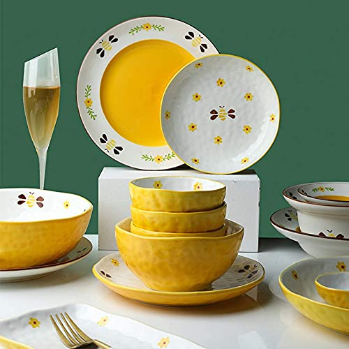 Porcelain Plate and Bowl Set,High-End Dinner Set,Ceramics Dinner Sets, 48 Pieces Cartoon Hand Drawn Bee Pattern Cereal Bowl and Steak Plate Set