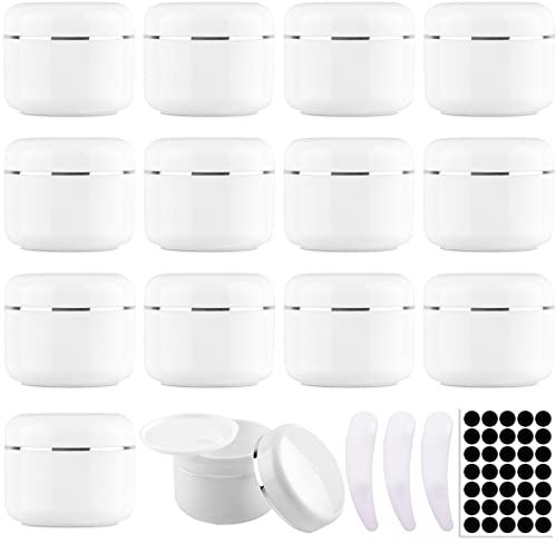 RUIJIE 14 Pièces 50ml Petit Pots Vide Cosmétiques Contenants Cosmétiques, Pots de Crème de Cosmétiques en Plastique,Pots D'échantillons de Voyage avec Mini Spatule Tags pour Crème Échantillons Poudre