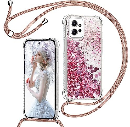 TUUTPU Coque pour Xiaomi Redmi Note 12 4G avec Cordon, Paillette Liquide Étui pour Téléphone avec Lanière, Transparent Silicone Collier Réglable Protection Housse Portable Lanyard Case, Rose