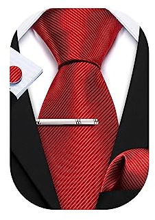 Barry.Wang Krawatten-Set für Herren, klassisch, Satin, Krawatte, Einstecktuch, Manschettenknöpfe, Clip, 4 Stück, für Herren, Hochzeit, formelle Geschäfte, Pure Red, Einheitsgröße